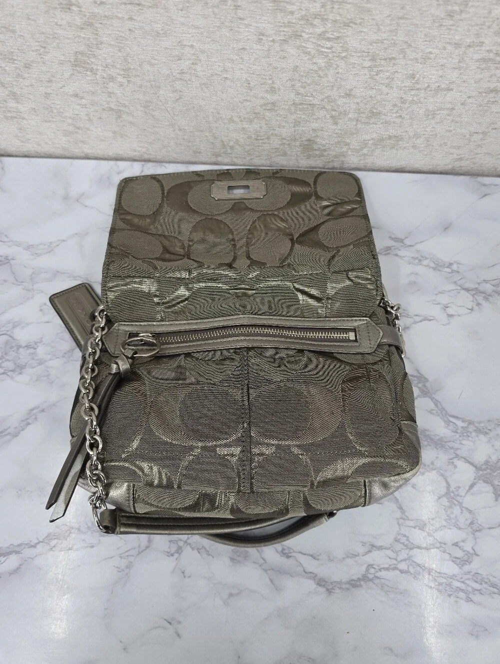 Coach Signature Canvas Jacquard Shoulder Bag in Metallic Pewter Chain Straps